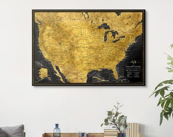 Map of United States in Gold color, Push Pin canvas map, USA National Park map, Personalized gift for mom, US map for travel tracking