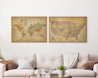 Push Pin Map Canvas Set, Matching World Map and US Map, Personalized Pin Maps, Gift for Family, Vintage travel map, size 30x40 inches