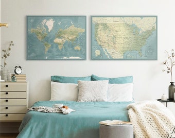 Canvas Set of United States & World Map, Push Pin Maps Set, Pin Map for Travel Tracking, World Map Canvas with Push Pins, Green Map Wall Art