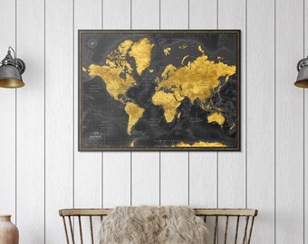 World Map Poster With Push Pins - Golden Color Travel Map - Black Color Pinmap for Travel Tracking