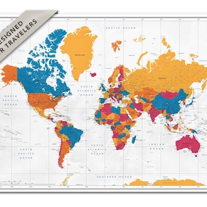 Mapa del mundo con chinchetas, impresión colorida del mapa del mundo, póster de mapa de viaje único, regalo personalizado, decoración de pared para habitación de niños, mapa del mundo preciso