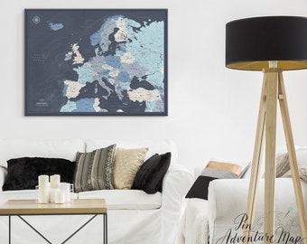 Europe Push Pin Travel Map — Poster or Mounted Pin Board, Personalized, 100 Pins