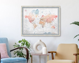 Premium Framed Push Pin World Map - Travel Adventure Display - Stylish World Map Wall Art for Home Decor in Soft Watercolor Pastel Colors