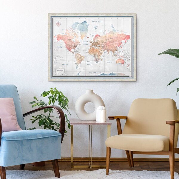 Carte du monde encadrée avec punaises de qualité supérieure - Présentoir d'aventures de voyage - Art mural élégant de carte du monde pour une décoration intérieure dans des couleurs pastel aquarelles douces