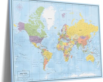 Tablero de mapas del mundo clásico con chinchetas — Mapa de viaje con chinchetas sobre lienzo, envuelto o enmarcado, personalizado, 100 chinchetas, regalo de viaje