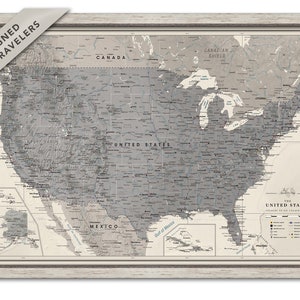 Carte encadrée avec punaises des États-Unis, carte de voyage des États-Unis avec tous les États-Unis, cadeau de voyageur des États-Unis, carte d'art mural dans les tons de gris