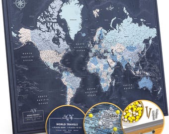 World map pin board on Canvas - Navy World travel map with pins - Customizable world map travel tracker | Pin Adventures Map
