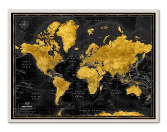 Gold and Black Framed World Map: Push Pin Travel Tracker
