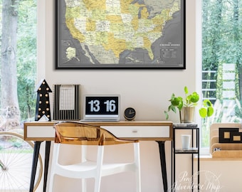 Grey USA Map Pin Board — Push Pin Travel Map Framed in Wood, National Parks, Personalized, 100 Pins