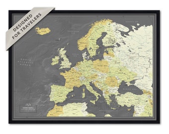 Framed Map of Europe With Pins, Modern Europe Push Pin Map for Travelers, European Travel Map, Personalized Map, Christmas Gift Idea