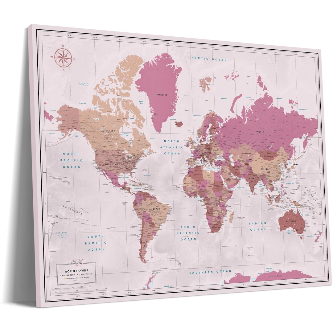 Blush Pink World Map Canvas – Push Pin Travel Adventure Map - Etsy