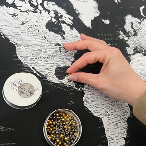 Black and White World Map Pin Board, Push Pin Map of The World, Framed Personalized Travel Tracking Map, Map to Mark Travel Places image 1