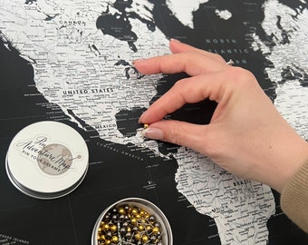 Black and White World Map Pin Board, Push Pin Map of The World, Framed Personalized Travel Tracking Map, Map to Mark Travel Places