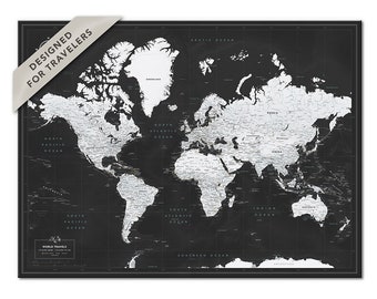 Carte du monde noir et blanc, impression de carte du monde, carte d'art mural en noir, affiche de carte avec punaises, carte de voyage minimaliste, cadeau personnalisé