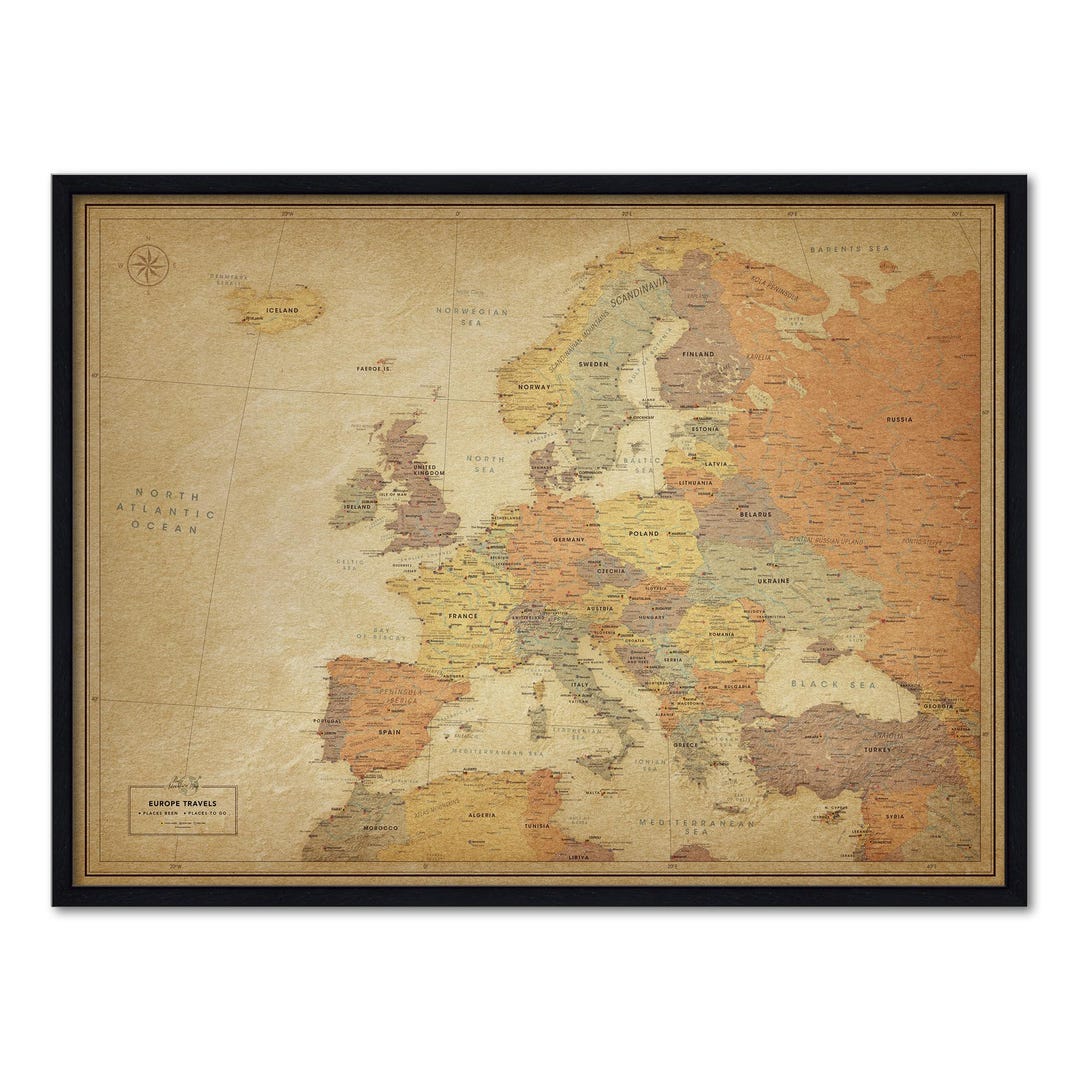 Framed Vintage Europe Travel Map With Pins – Push Pin Adventure Map ...