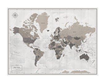 World Push Pin Travel Map in Watercolor Softpastel — Poster or Mounted Pin Board, Personalized, 100 Pins