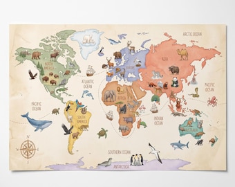 Kids Watercolor World Map with Animals, Educational Nursery Decor, Playroom Art