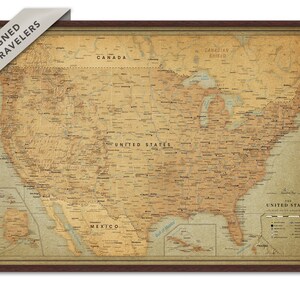 Carte des États-Unis vintage avec punaises - carte des États-Unis encadrée - carte de voyage personnalisée | Carte Aventure avec épingle