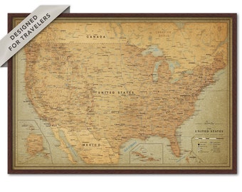 Vintage US map with push pins - Framed USA Map - Personalized travel map | Pin Adventure map