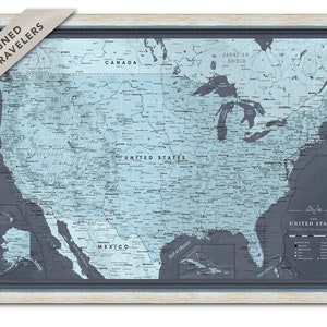 USA Pinnwand, USA Reise Pinnwand, gerahmte Reisekarte, personalisierte USA Karte, blaue Karte der USA