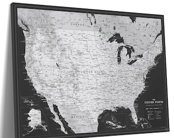 Tablero de mapas de EE. UU. con chinchetas en negro minimalista: mapa de viaje con chinchetas sobre lienzo, envuelto o enmarcado, parques nacionales, personalizado, 100 chinchetas, regalo de boda.