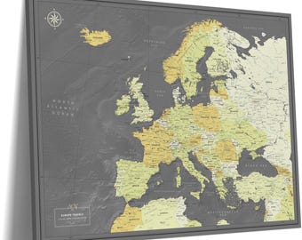 Europe Push Pin Travel Map on Canvas – Detailed Europe Wall Art