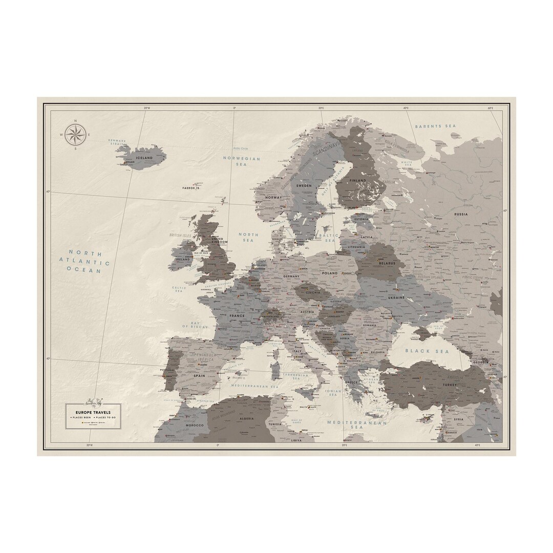 Europe Travel Map Poster, Grey Push Pin Map, Personalized Gift - Etsy