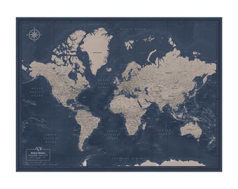 World Push Pin Travel Map in Ebony Clay — Poster or Mounted Pin Board, Personalized, 100 Pins