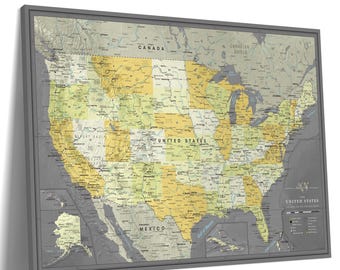 USA Travel Pin Board Map, Push Pin Canvas, School Wall Art