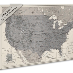 Push Pin Map USA, Modern US Wall Map on Canvas, Grey Travel Map, Personalized Map of The United States, Gift For Him, USA Pin Map