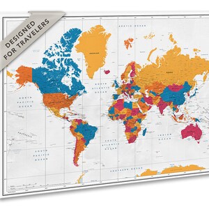 Pinnwand mit Personalisierung, bunte Weltkarte, Geschenk für Kinderzimmer, Landkarte der Welt Pinnwand, Weltkarte Wandkunst