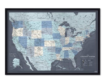 Navy USA Map Pin Board — Push Pin Travel Map Framed in Wood, National Parks, Personalized, 100 Pins