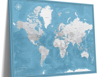 Push Pin World Map on Canvas, Blue Travel Pinboard, Personalized Wall Art