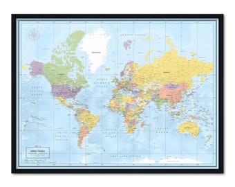 Tablero de alfileres con mapa del mundo clásico enmarcado, mapa de viaje con chinchetas, decoración de pared personalizada, 100 chinchetas, regalo de graduación
