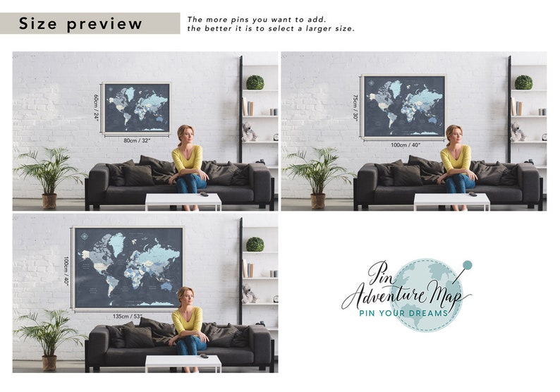 Family Travel Map with Pins, Framed Push Pin World Map, Personalized Travel Map, Family Pin Map, World Map Wall Art in Blue and Gray image 6