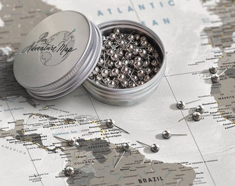 Metallic Silver push pins for pinmap - Map tacks in silver color - pins for pinboard