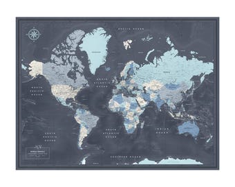 Navy World Push Pin Travel Map — Poster or Mounted Pin Board, Personalized, 100 Pins