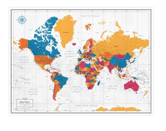 Mapa mundial de viajes con chinchetas en color Pantone California — Póster o tablero de alfileres montado, personalizado, 100 chinchetas, regalo de inauguración de casa