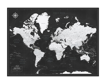 Black and White World Map Print, Push Pin Travel Map, Personalized Gift
