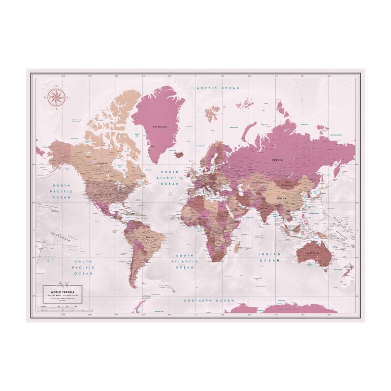 Blush Pink World Map Push Pin Travel Poster – Gift for Women - Etsy Canada
