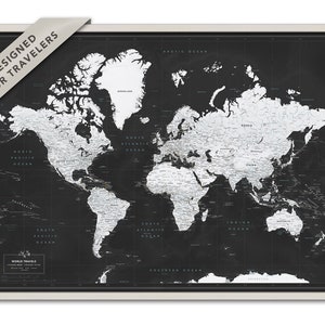 Black and White World Map Pin Board, Push Pin Map of The World, Framed Personalized Travel Tracking Map, Map to Mark Travel Places image 3