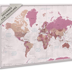 Toile carte du monde - carte avec punaises - cadeau 21e anniversaire pour elle - carte rose poudré | Carte Aventure avec épingle