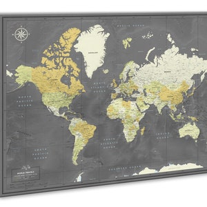 Carte de voyage à épingles avec citation - toile carte du monde - Design moderne différentes options de taille