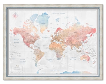 Push Pin World Map: Framed Watercolor Travel Art in Pastel