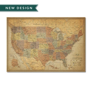 Affiche de carte des États-Unis avec personnalisation - impression de carte de voyage - carte de voyage des États-Unis avec des épingles