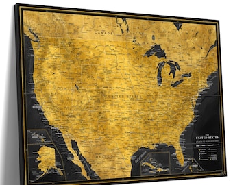 Gold US Push Pin Travel Map, Personalized Canvas Wall Art