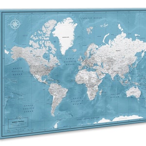 Carte du monde avec punaises sur toile, carte de voyage avec punaises, carte d'art mural bleu, carte personnalisée avec épingles, carte du monde personnalisée