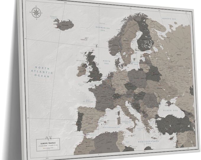 Europe Map Push Pin Canvas Detailed - Navy Blue Canvas Travel Pin Board ...