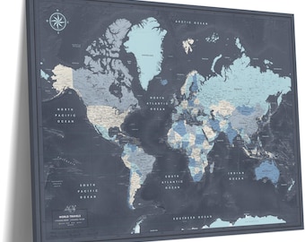 Navy World Map Pin Board on Canvas – Travel Tracker (32" x 24")