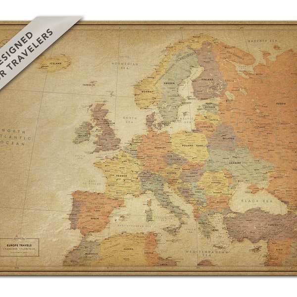 Cartel de mapa de Europa vintage - Push Pin Europe Map - Impresión de mapa de pared de Europa en varios tamaños